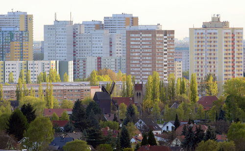 High angle view of buildings in city