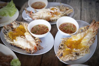 High angle view of food served on table