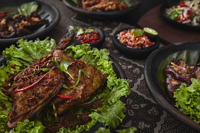 High angle view of food served on table