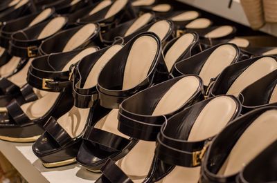High angle view of shoes for sale