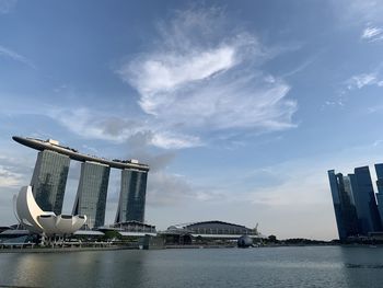 Buildings by river against sky in city