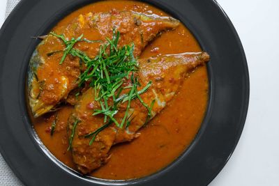 High angle view of soup in bowl on table