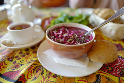 High angle view of soup in bowl on table