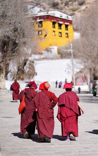 Rear view of people walking on street