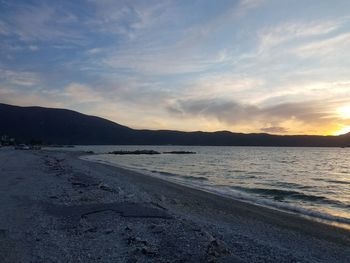 Scenic view of beach against sky during sunset