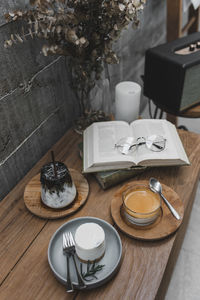 High angle view of coffee cup on table