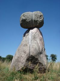 Low angle view of rocks on field against clear blue sky