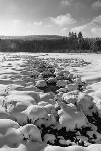 Scenic view of snow covered land against sky