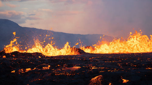 A volcanic eruption in the fagradalsfjall volcano, iceland on august 3rd 2022.