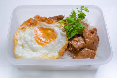 High angle view of breakfast served in plate