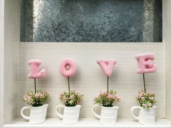 Close-up of pink potted plant on window sill