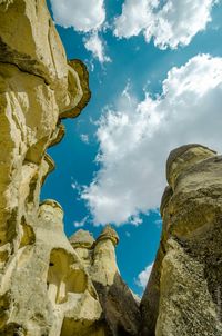 Low angle view of rock formation against cloudy sky