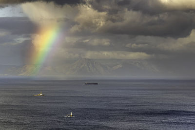 Scenic view of rainbow over sea against sky