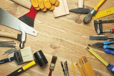 High angle view of work tools on table