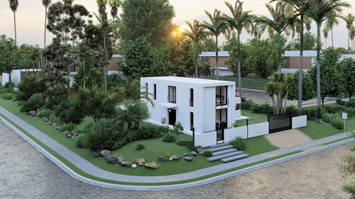 From above facade of contemporary cottage with white walls surrounded by green tropical plants growing in courtyard