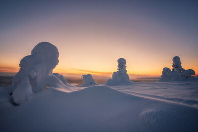 Snow covered landscape against sky during sunset