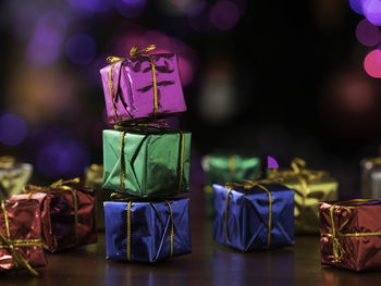 Close-up multi colored of christmas presents on table