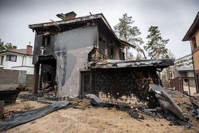 Houses that burned down after being hit by rockets, mines. irpin, bucha, gostomel.