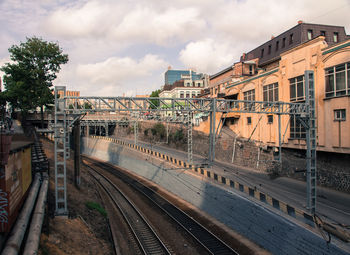 Train on railroad tracks against sky