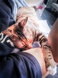 Close-up of man sleeping in cat