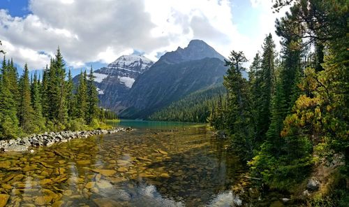 Scenic view of lake and mountains against sky