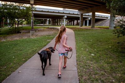 Rear view full length of girl walking with dog on footpath