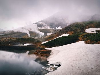 Scenic view of lake and mountains against sky