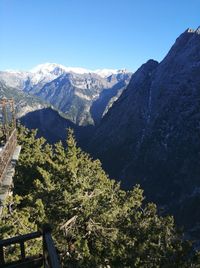 Scenic view of mountains against clear blue sky