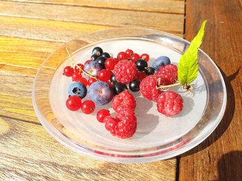 High angle view of strawberries in plate on table