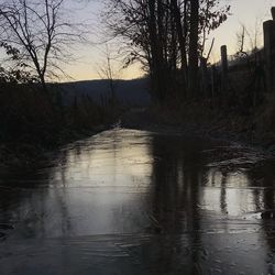 Reflection of bare trees in river against sky