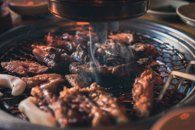 High angle view of meat in cooking pan