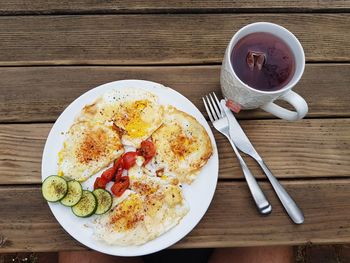 High angle view of breakfast on table