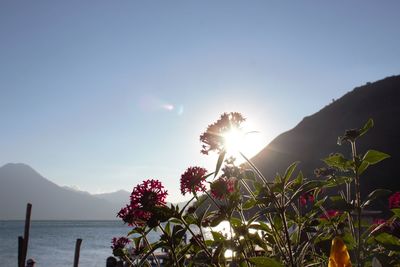 Scenic view of sea and mountains against sky