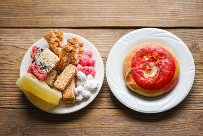 High angle view of food in plate on table