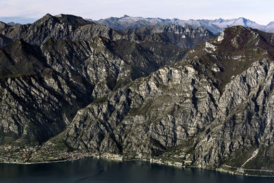 Limone sul garda lake and mountains rocky coast aerial panorama, italy