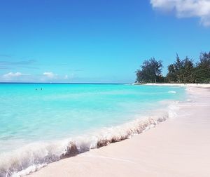 Scenic view of beach against blue sky