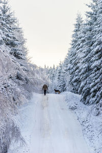 People on snow covered land against sky