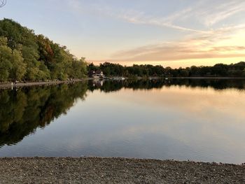 Scenic view of lake against sky at sunset