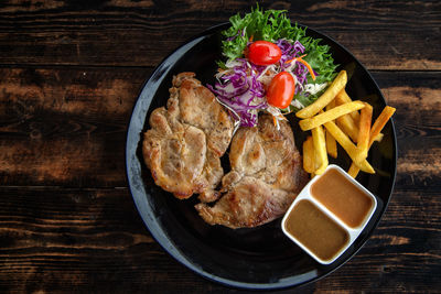 High angle view of food in plate on table