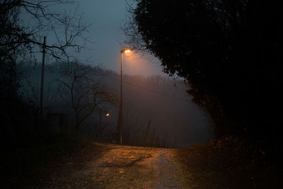 Illuminated street light by road against sky at night