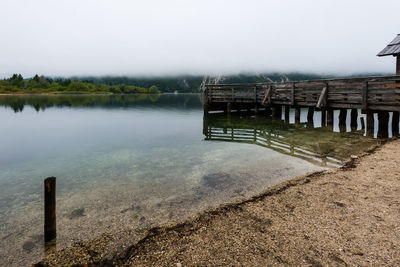 Pier on lake against sky