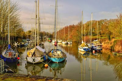 Boats moored in lake against sky