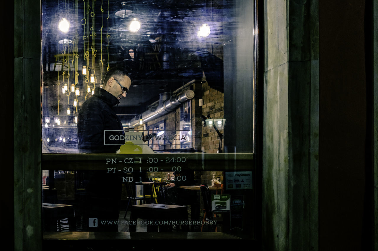 window, illuminated, night, indoors, built structure, architecture, no people