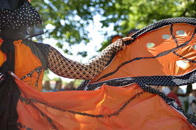 Rear view of woman wearing butterfly costume during traditional festival