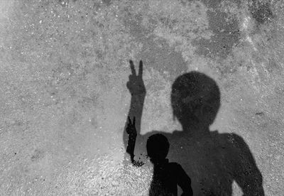 Shadow of woman showing peace sign on puddle