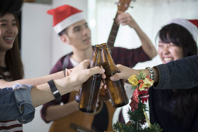 Friends toasting drinks during christmas party