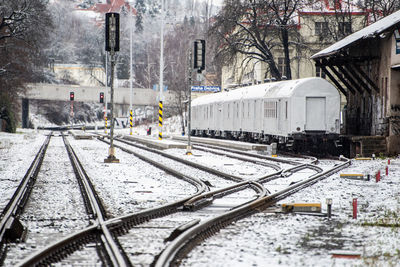 Train and railroad tracks in winter