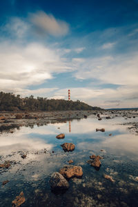 Scenic view of lake and buildings against sky