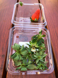 High angle view of fruits in glass container on table