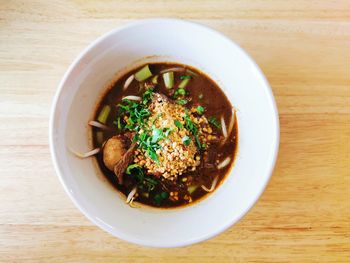 High angle view of food in bowl on table